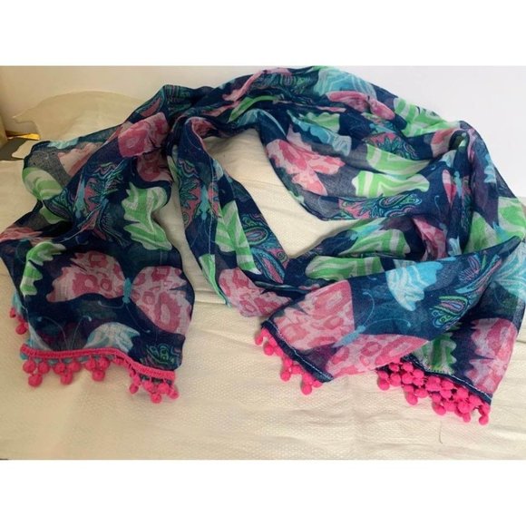 Mudpie Womens Pink Green Blue Butterfly Scarf  20" x 66" - Picture 7 of 12